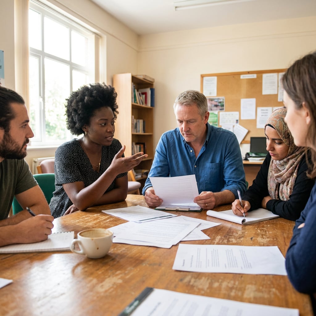 A diverse group of people engaged in a discussion around a table with documents.