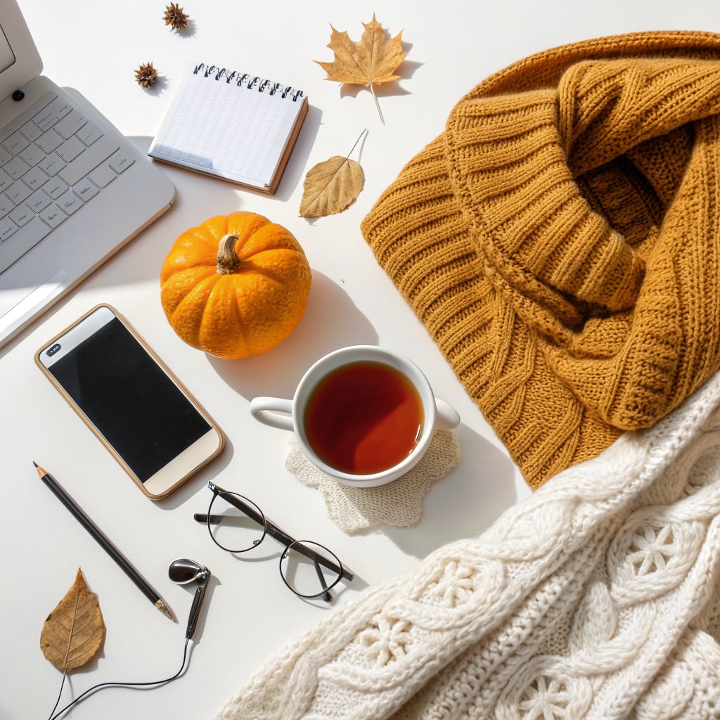 A cozy autumn flat lay featuring a pumpkin, a cup of tea, a knitted sweater, and a notebook.