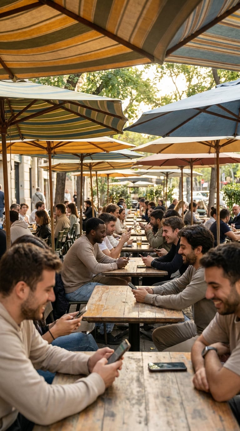 A crowded outdoor café with people sitting at wooden tables under colorful umbrellas, all engaged with their smartphones.