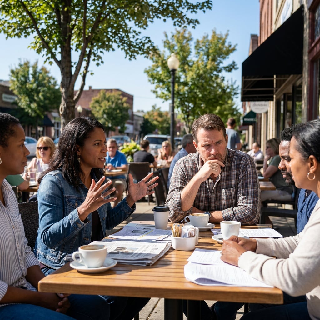 A group of four people engaged in a discussion at an outdoor café.
