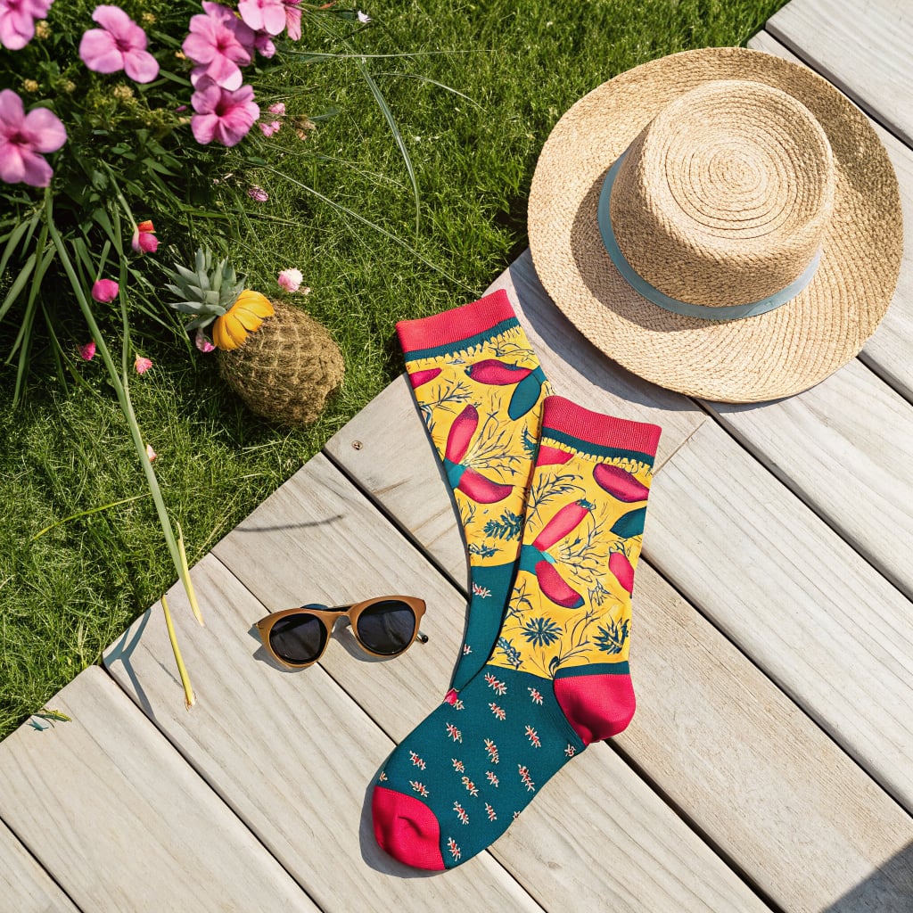 A flat lay of colorful socks, a straw hat, sunglasses, and a pineapple on a wooden surface surrounded by grass and flowers.