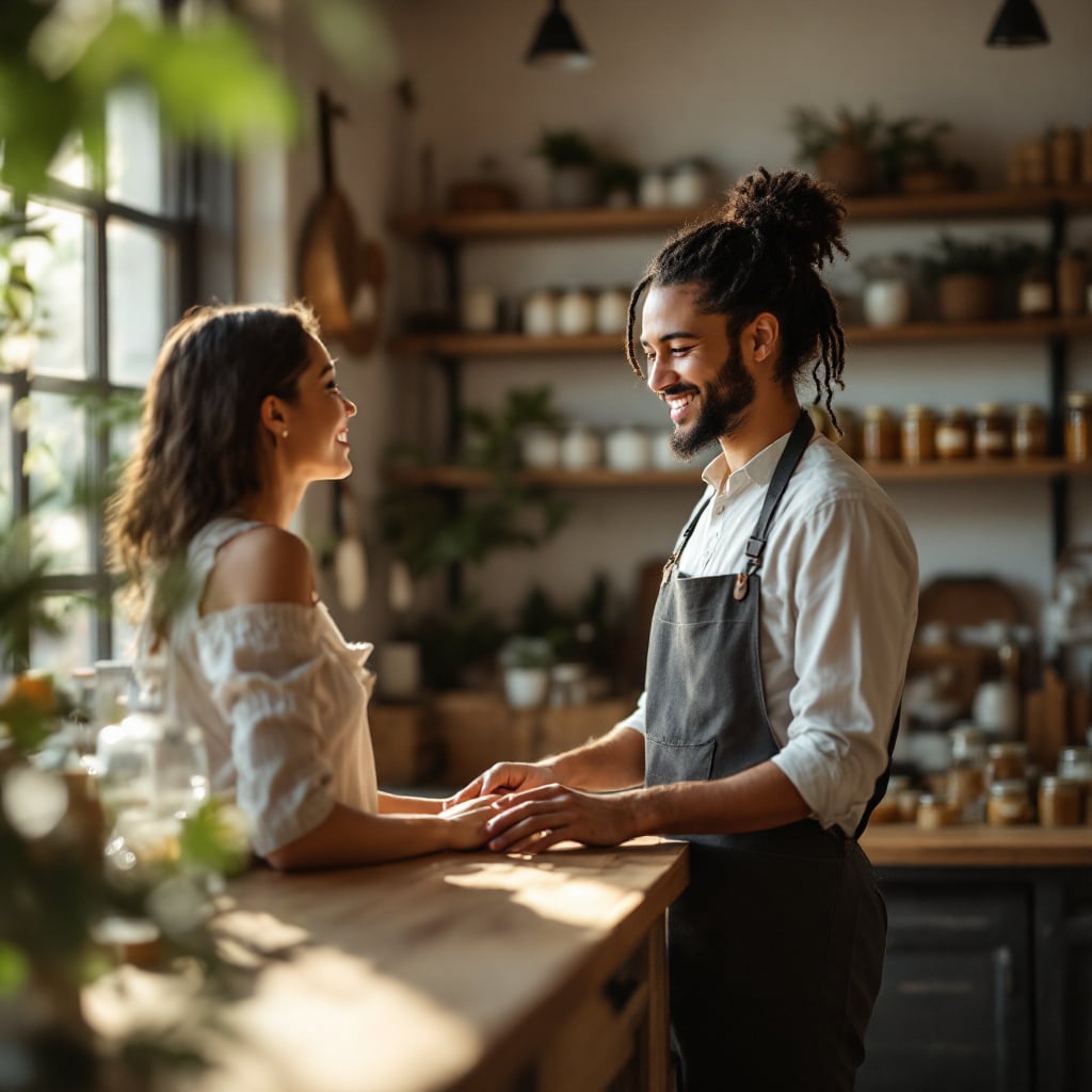 A man and a woman are smiling at each other in a cozy shop filled with jars and plants.