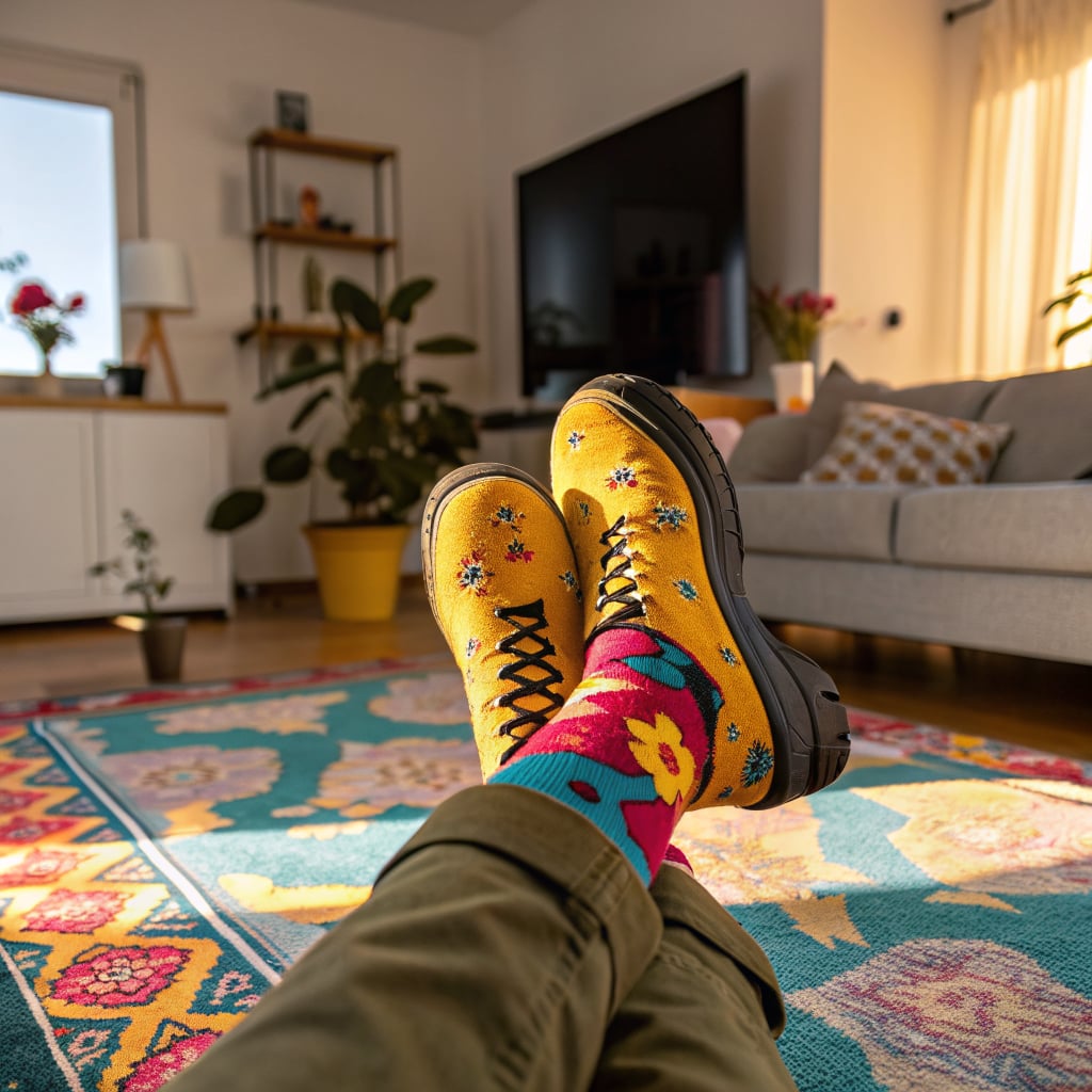 A person is relaxing with colorful socks and shoes on a patterned rug in a cozy living room.
