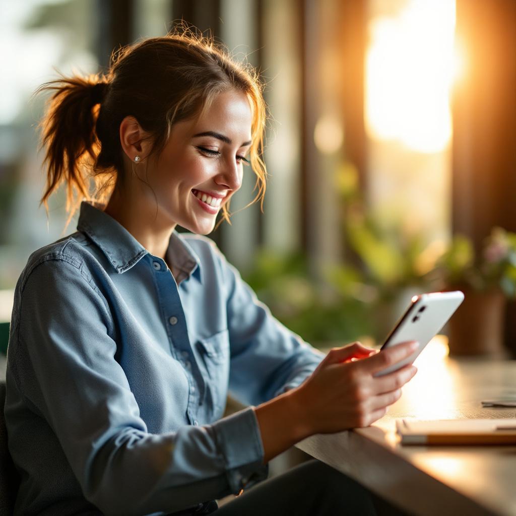 A young woman is smiling while looking at her smartphone in a well-lit indoor setting.
