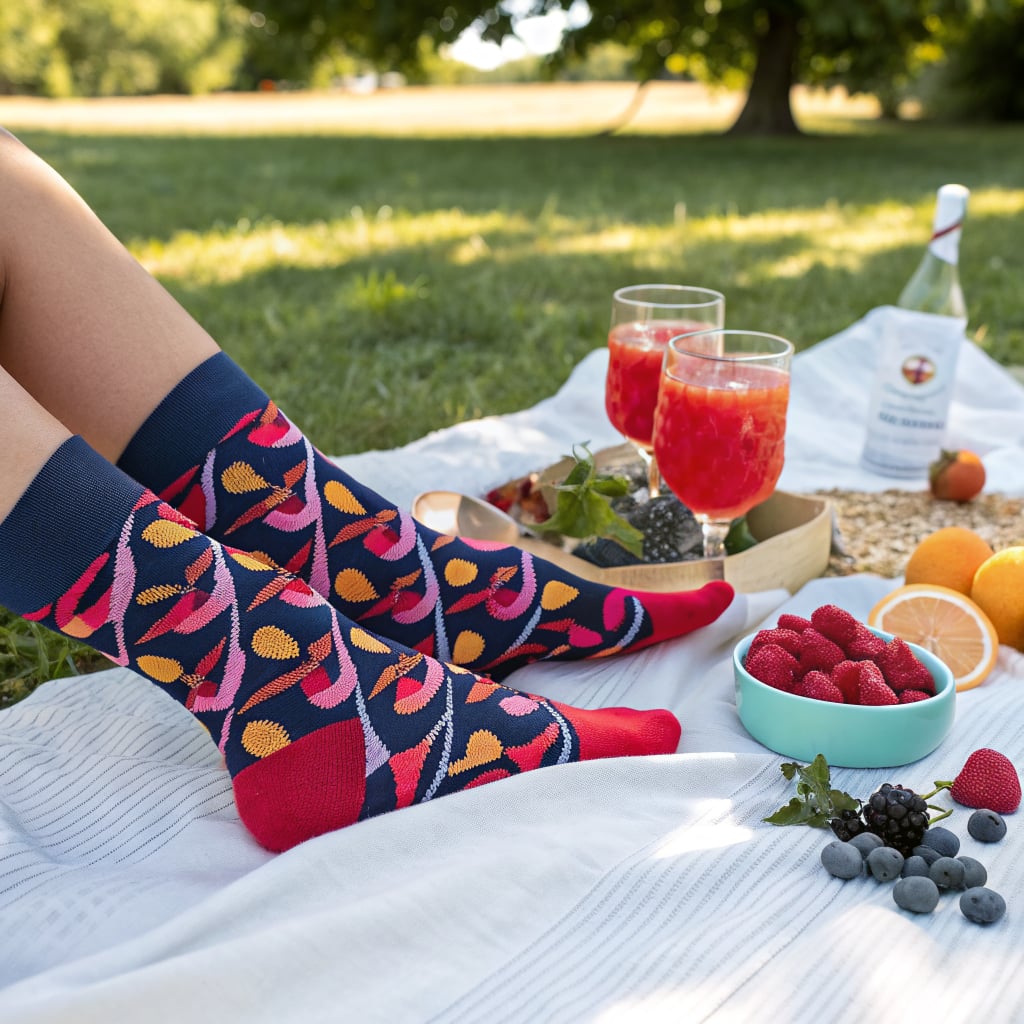 A person is sitting on grass wearing colorful socks, surrounded by a picnic setup with drinks and fruits.