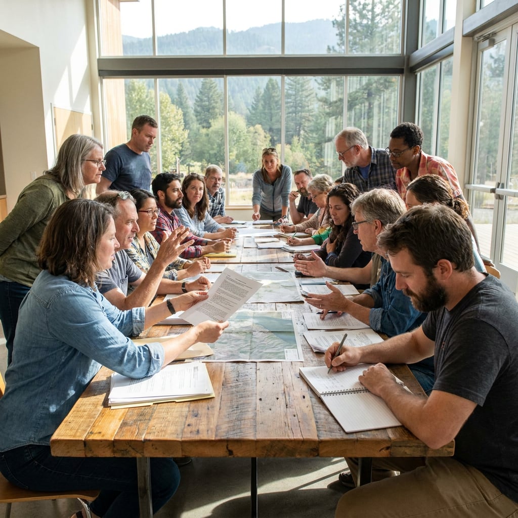 A group of people engaged in a collaborative meeting around a large table with maps and documents.