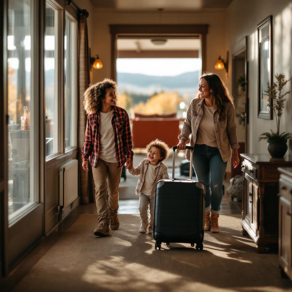 A woman and two children are walking through a hallway, with one child holding her hand and the other pushing a suitcase.