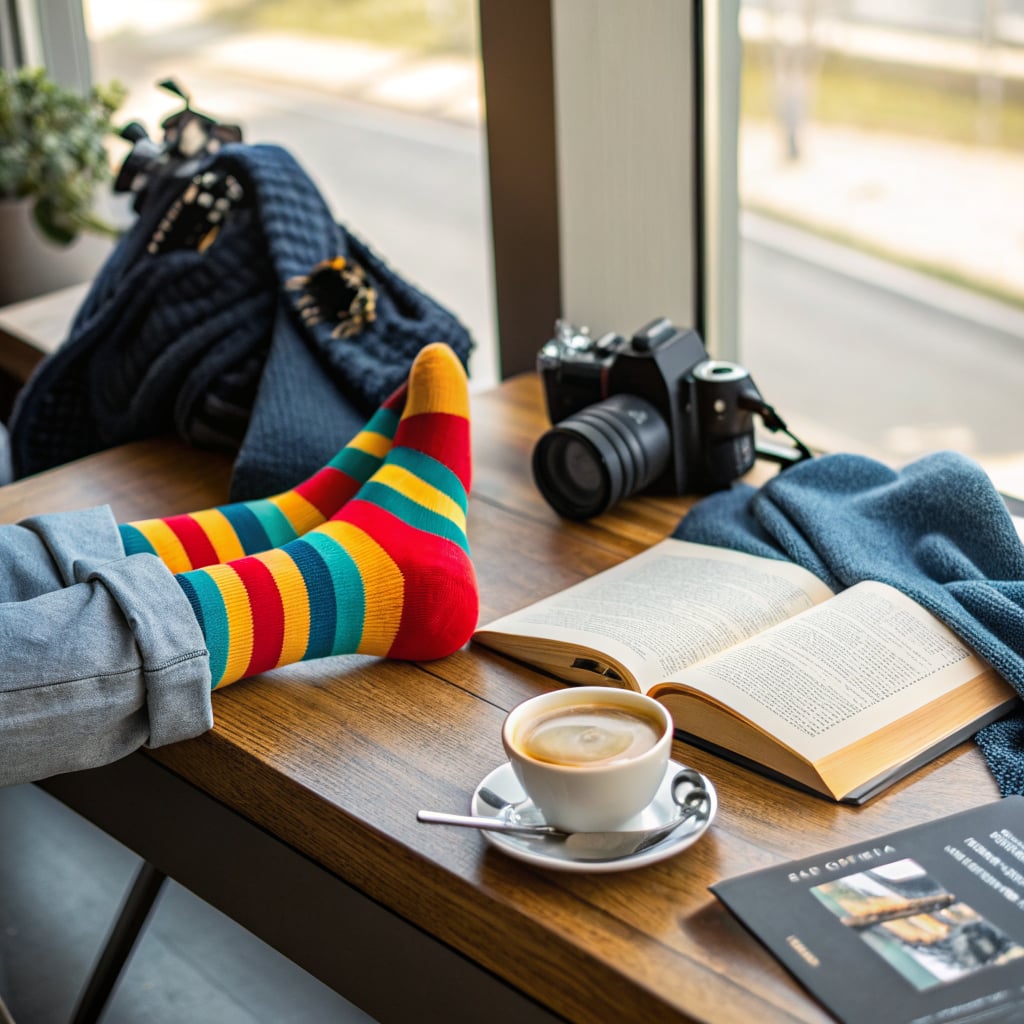 A cozy indoor scene featuring colorful socks, a book, a cup of coffee, and a camera on a wooden table.