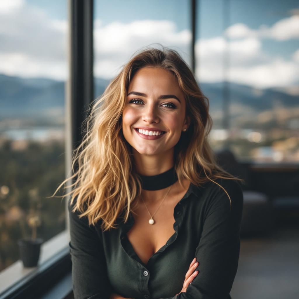 A smiling woman with long hair stands in front of a large window with a scenic view.