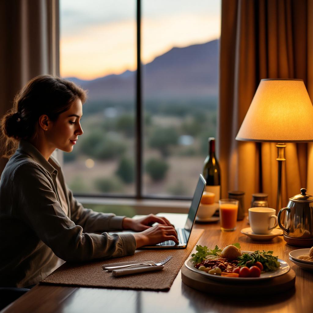 A woman is working on a laptop at a table with a meal and a scenic view in the background.