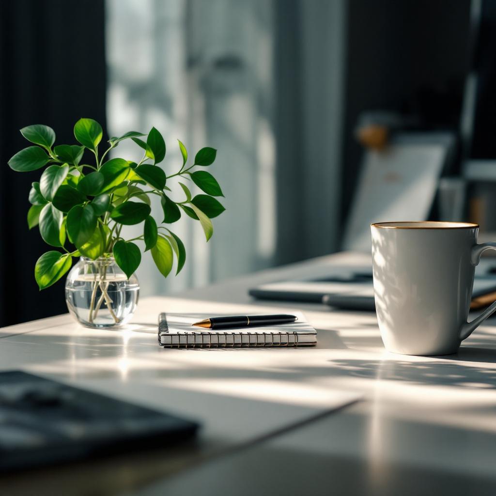A cozy workspace featuring a potted plant, a notebook, a pen, and a coffee cup on a table.