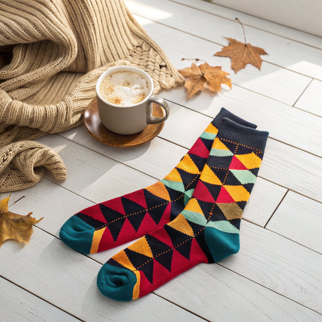A pair of colorful patterned socks is placed next to a cup of coffee on a wooden surface.