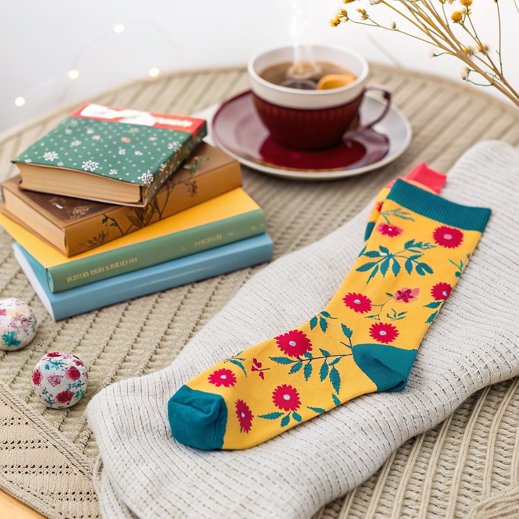 A cozy arrangement featuring colorful socks, books, and a cup of tea on a textured surface.