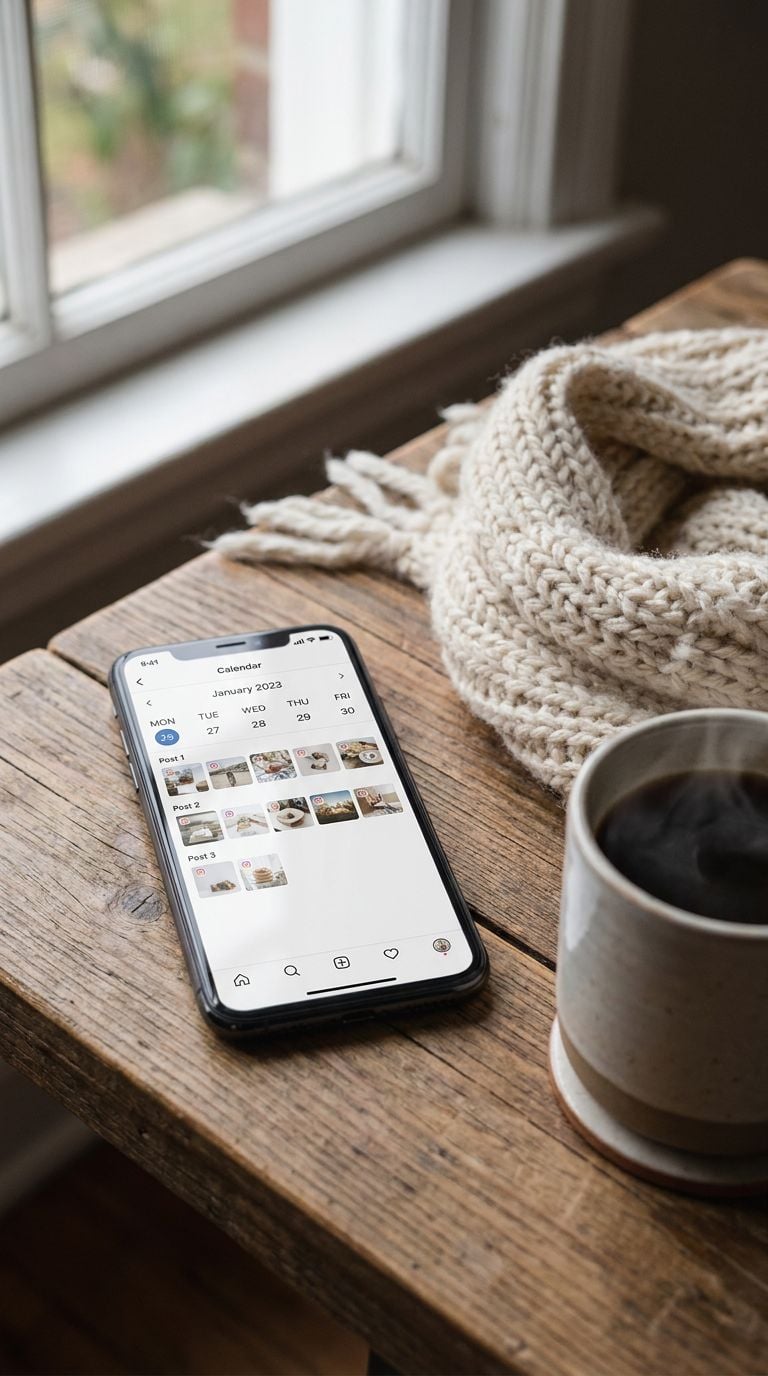 A smartphone displaying a calendar app next to a cup of coffee and a knitted scarf on a wooden table.