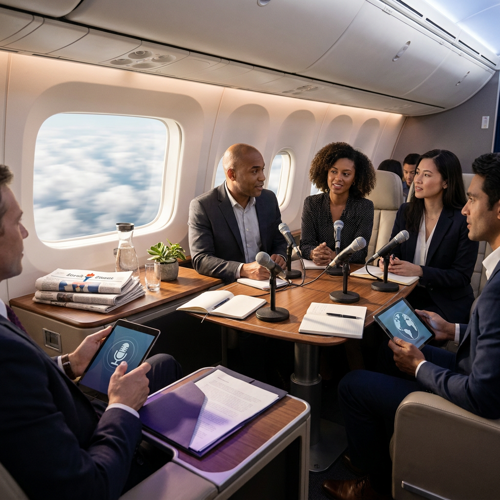 A group of professionals is engaged in a meeting on an airplane.