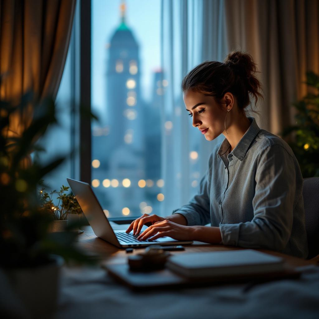 A woman is working on a laptop at a desk with a city skyline visible through the window.