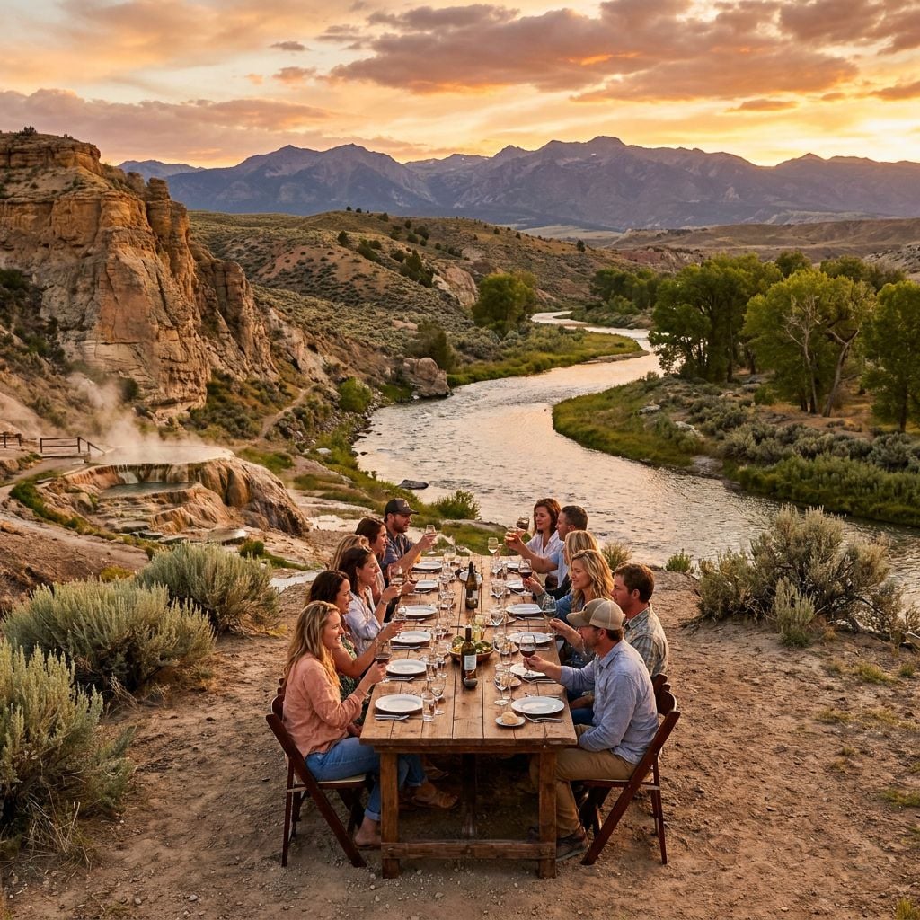 A group of people dining at a long table outdoors with mountains and a river in the background during sunset.