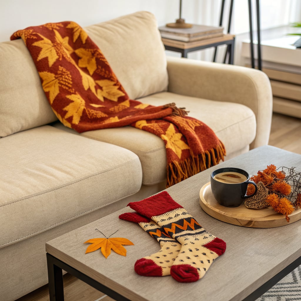 A cozy living room scene with a beige sofa, autumn-themed blanket, socks, and a coffee cup on a table.