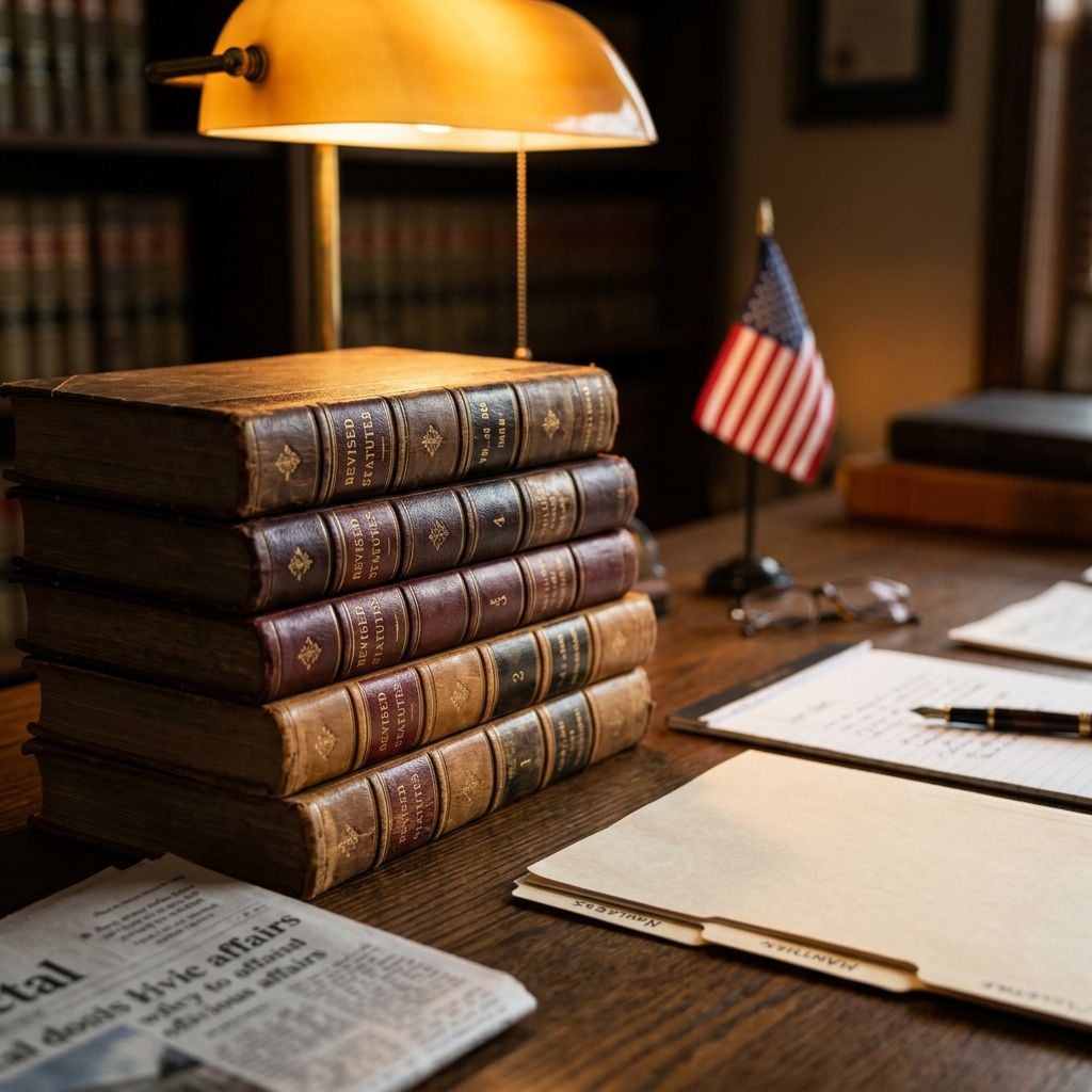 A stack of vintage law books sits on a wooden desk with a small American flag and a newspaper.