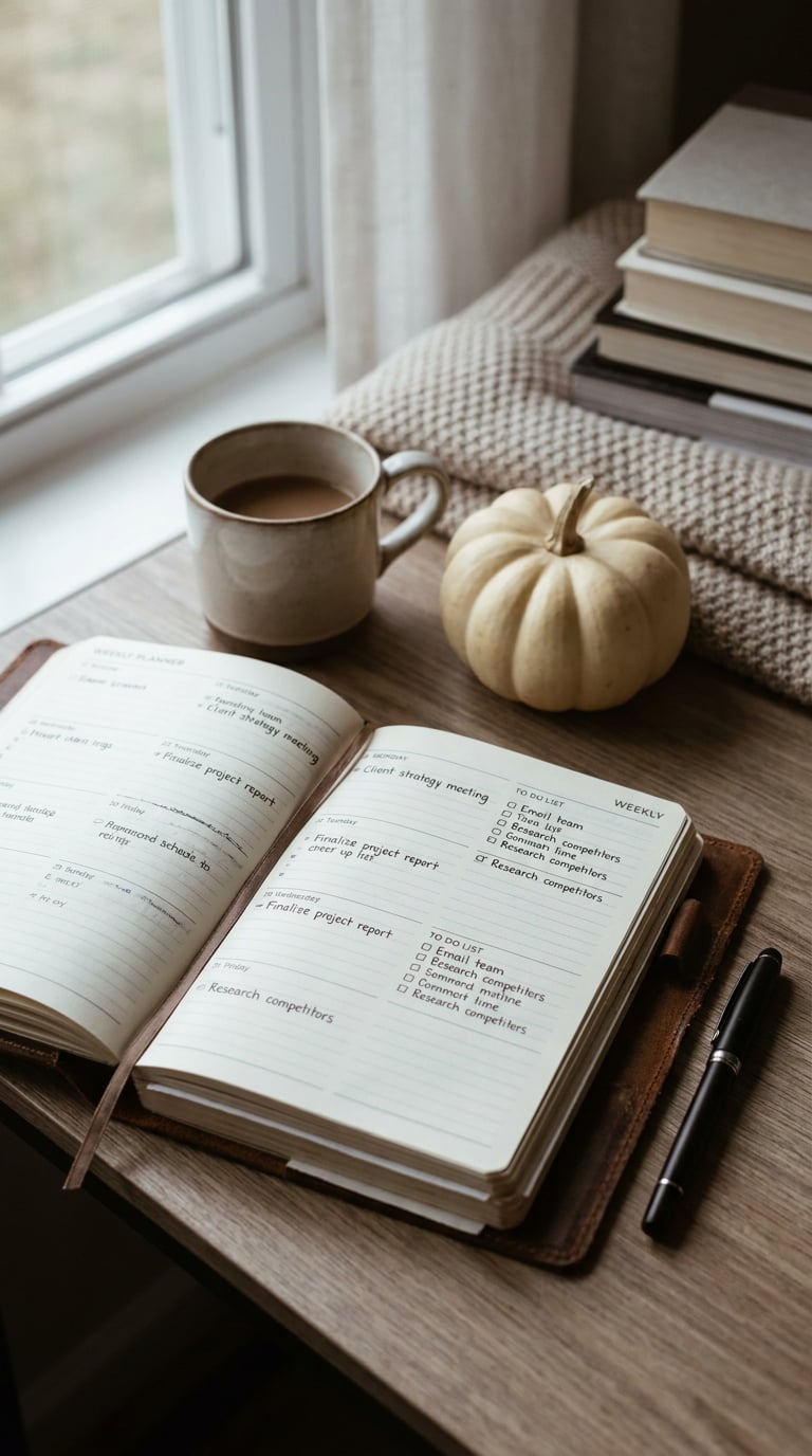 A cozy workspace featuring an open planner, a cup of coffee, a small pumpkin, and books.