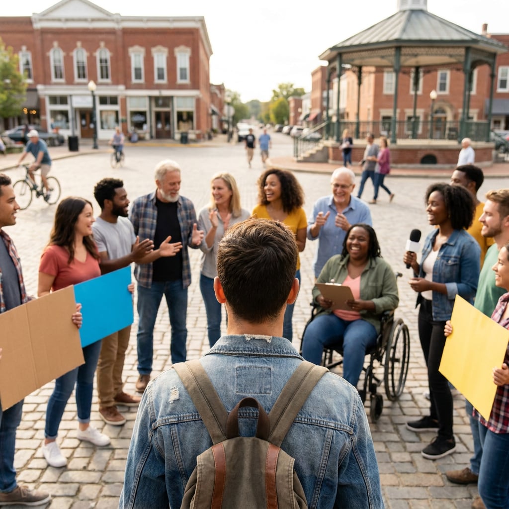 A diverse group of people is gathered in a town square, engaging in a discussion or demonstration.