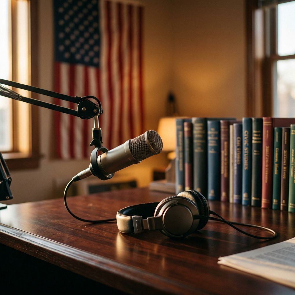 A microphone and headphones are placed on a wooden desk with books and an American flag in the background.