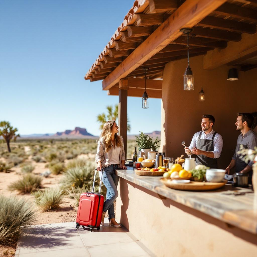 A woman with a red suitcase stands at an outdoor bar while two men prepare drinks in a desert setting.