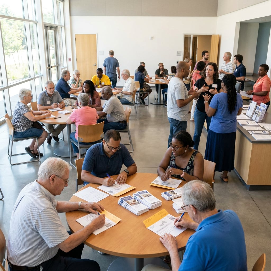A community gathering with people seated at tables engaging in discussions and filling out forms.