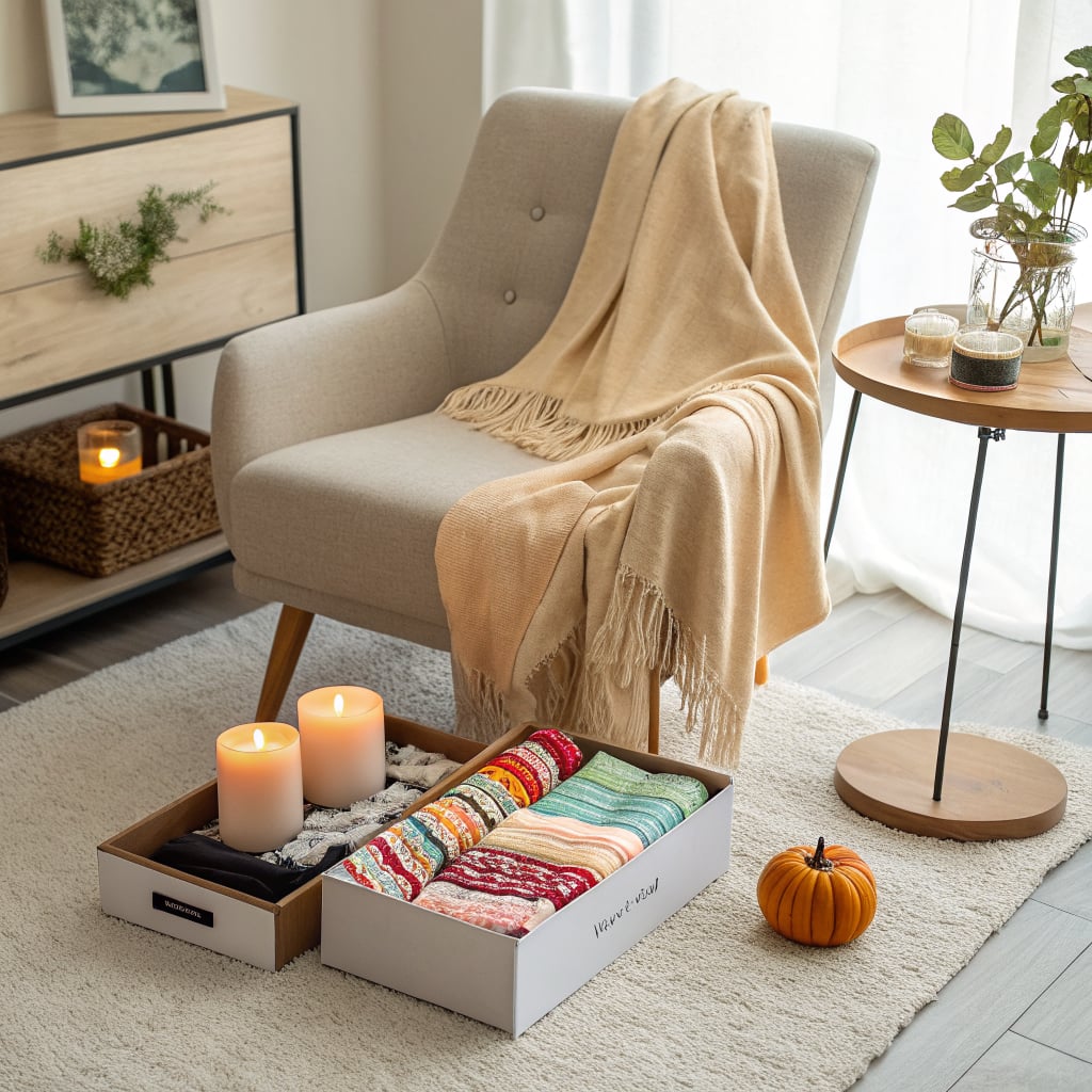 A cozy living space featuring a chair, a blanket, candles, and a decorative pumpkin.