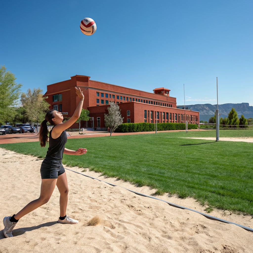 A young woman is playing volleyball on a sandy court with a building in the background.