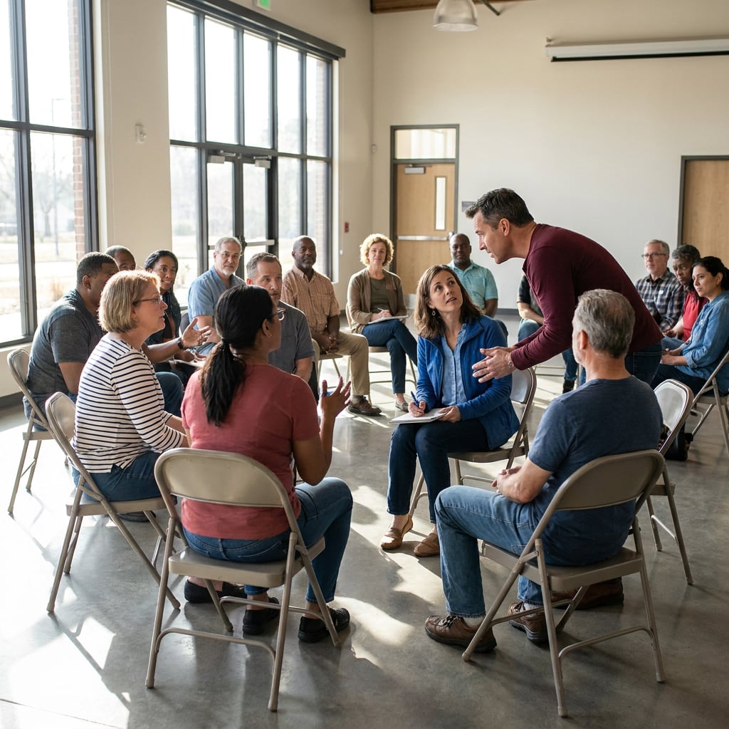 A group of people engaged in a discussion in a well-lit room.
