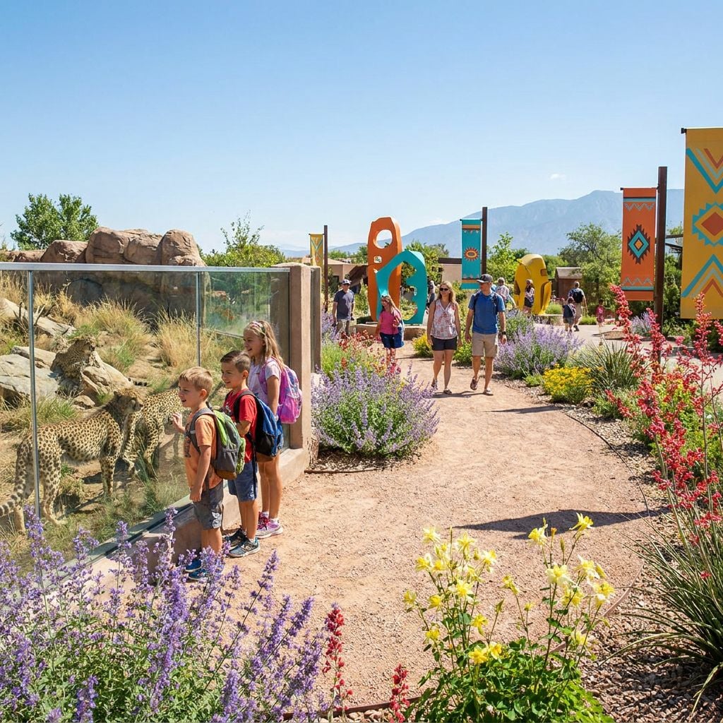Visitors observe cheetahs at a zoo surrounded by colorful flowers and art.