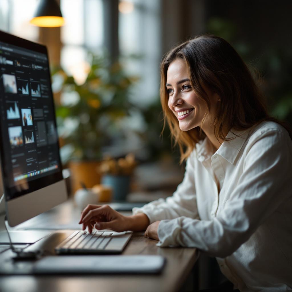 A young woman is smiling while working on a computer in a cozy indoor setting.