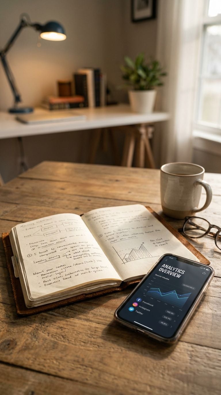 A wooden table with a notebook, smartphone displaying analytics, glasses, and a coffee mug.