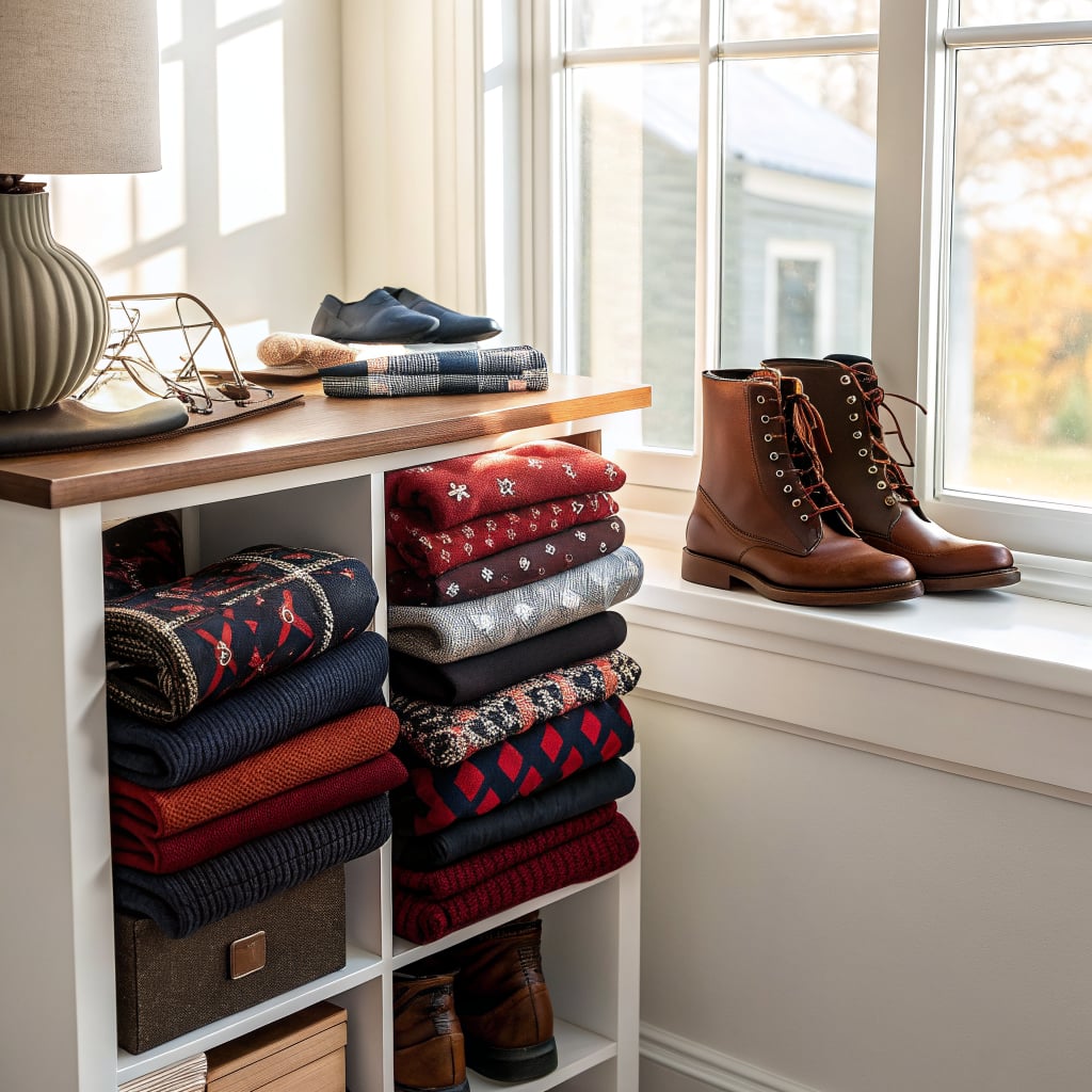 A cozy interior scene with folded sweaters and boots by a window.