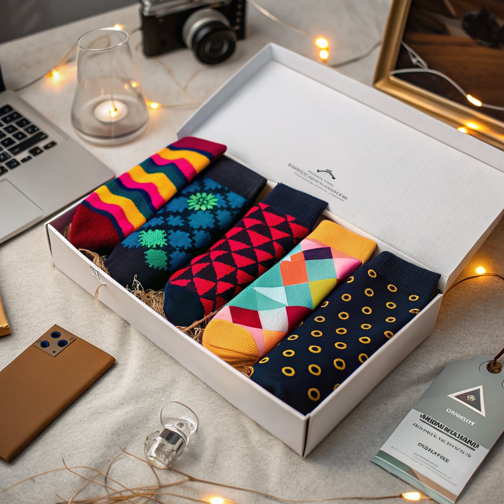 A neatly arranged gift box containing colorful patterned socks on a table with a laptop and camera.