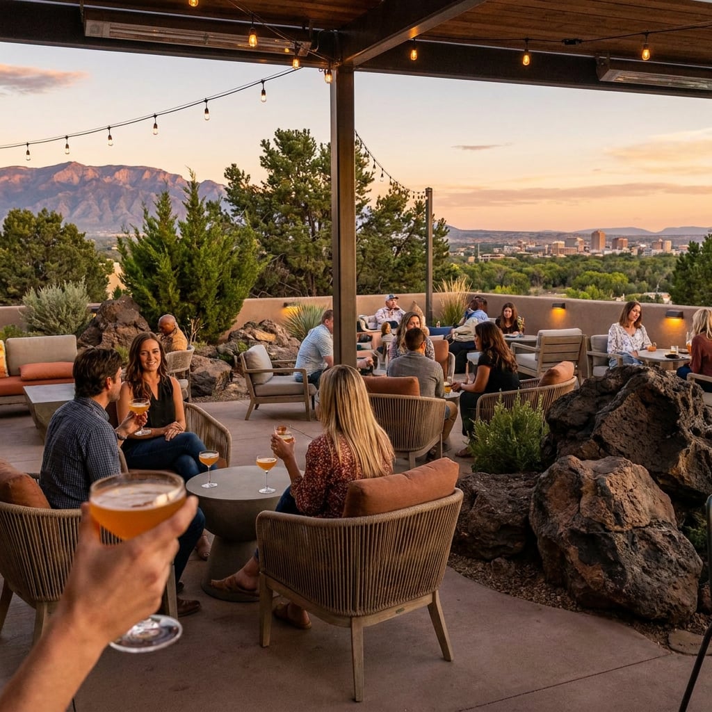 A group of people enjoying drinks on a patio with a mountain view at sunset.