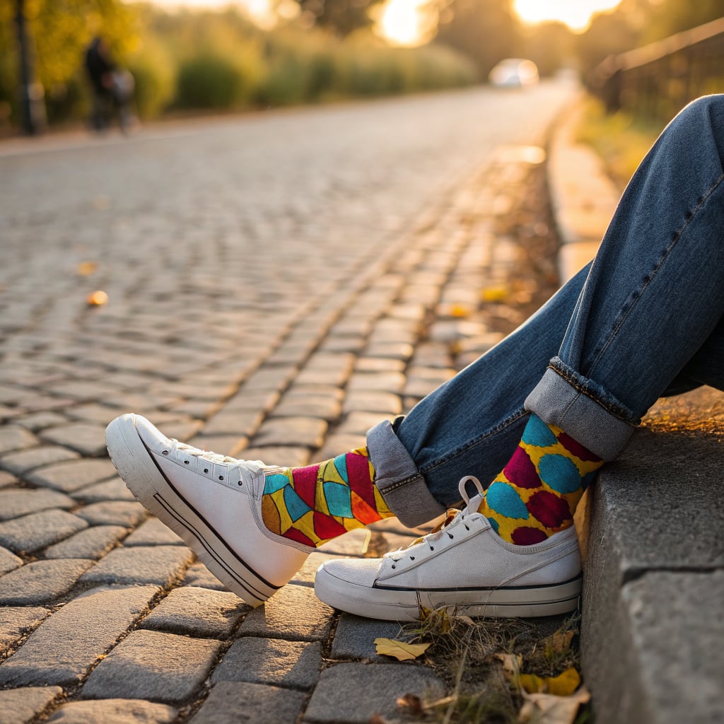 A person wearing colorful patterned socks and white sneakers sits on a cobblestone path during sunset.