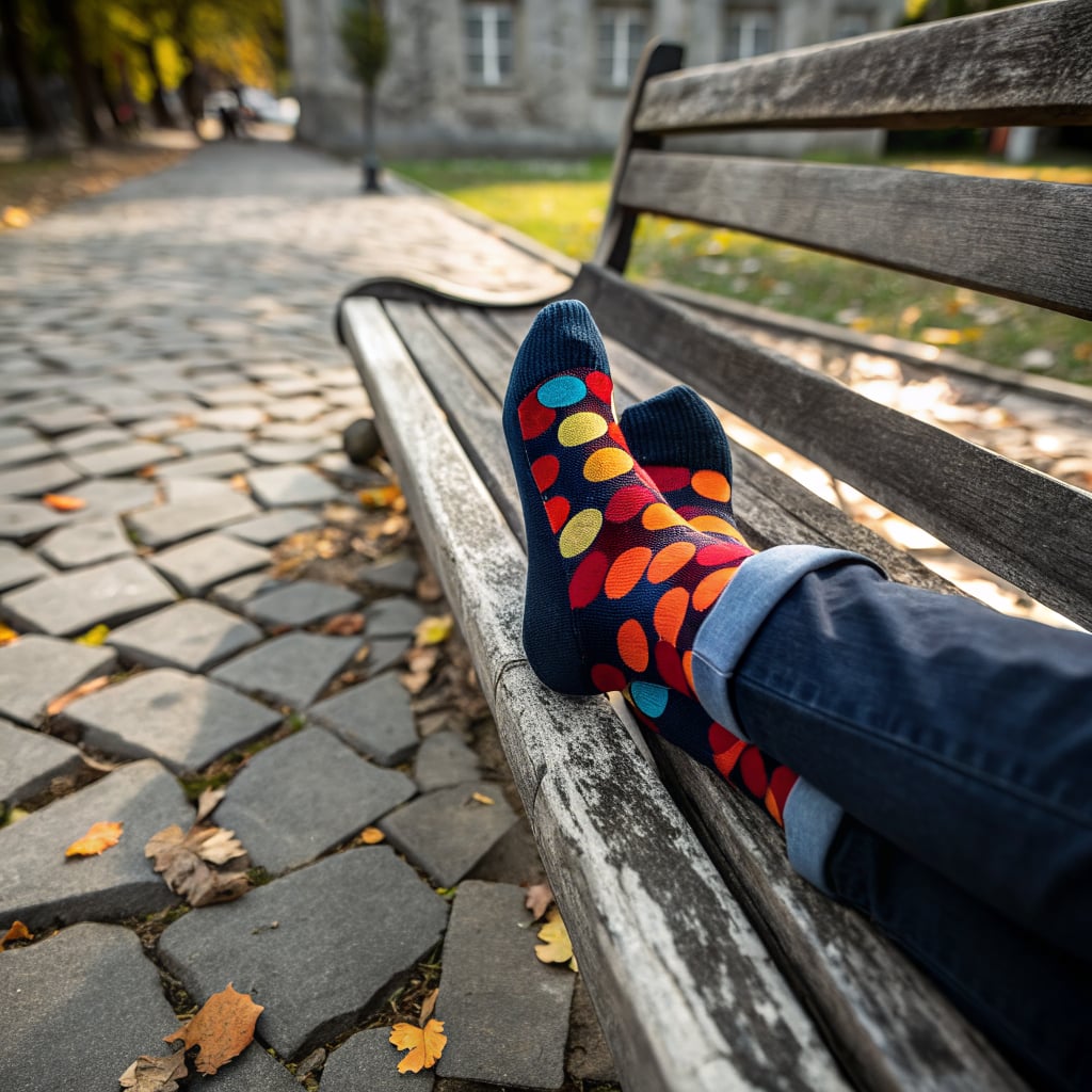 A person is sitting on a bench with colorful socks visible.