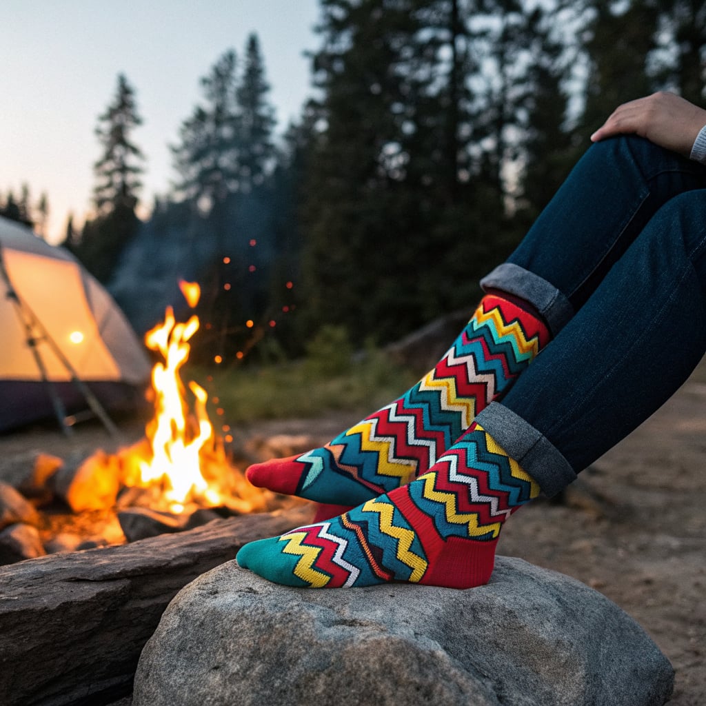 A person wearing colorful zigzag patterned socks sits by a campfire in a forested area.
