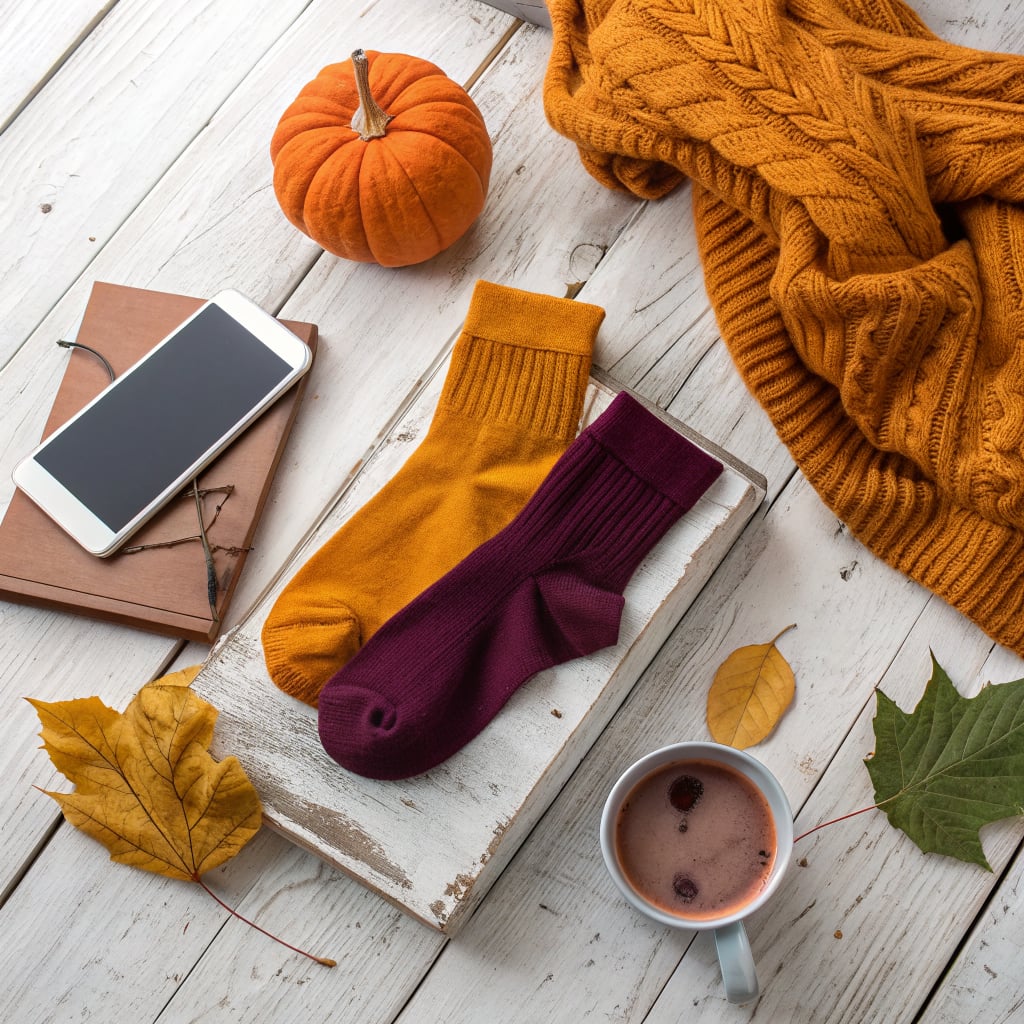 A cozy autumn scene with socks, a pumpkin, a smartphone, and a cup of coffee on a wooden surface.