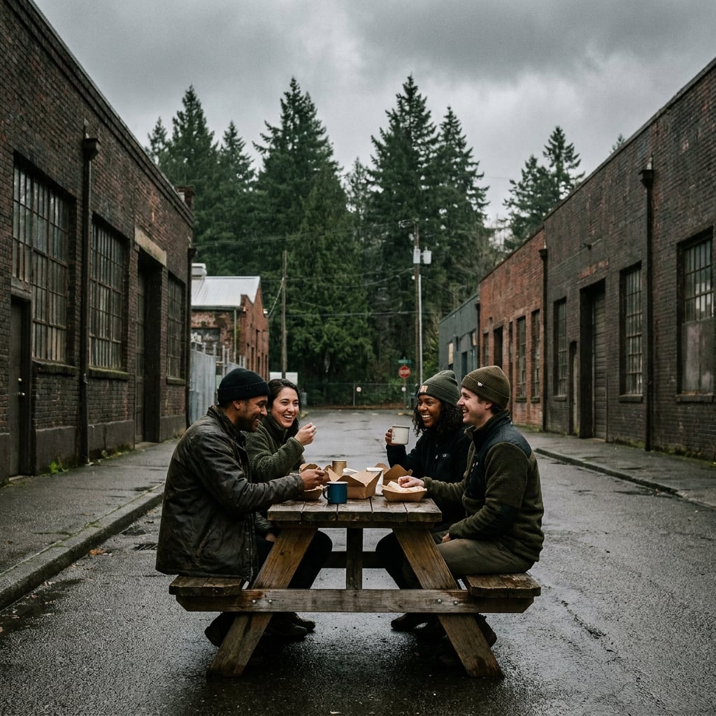 A group of four people sitting at a picnic table in an urban alley, enjoying food and drinks.