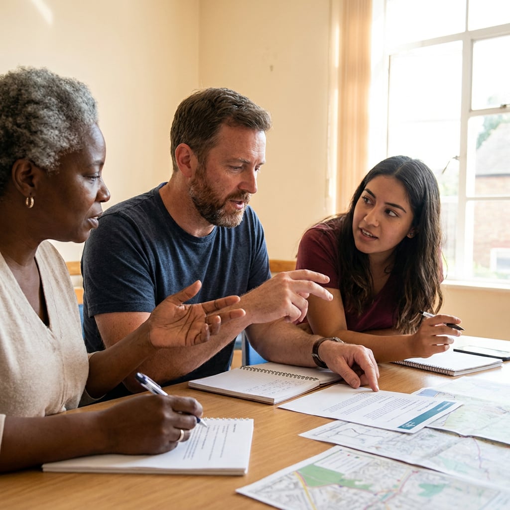 Three people are engaged in a discussion around a table with papers and notebooks.