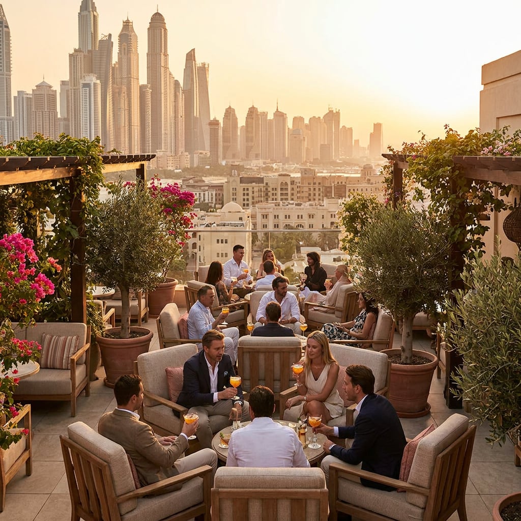 A rooftop gathering with people enjoying drinks and a city skyline at sunset.