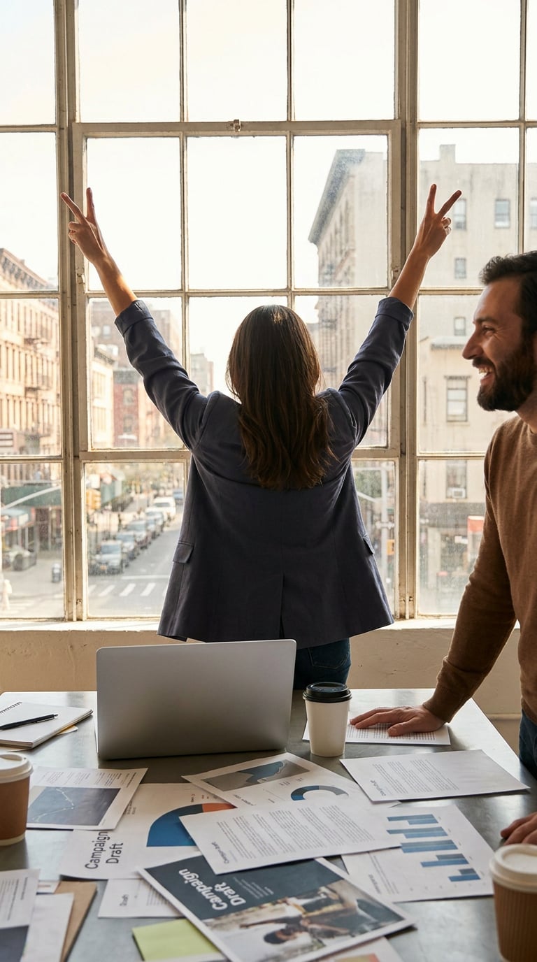 A woman celebrates with her arms raised in front of a large window while two colleagues look on.