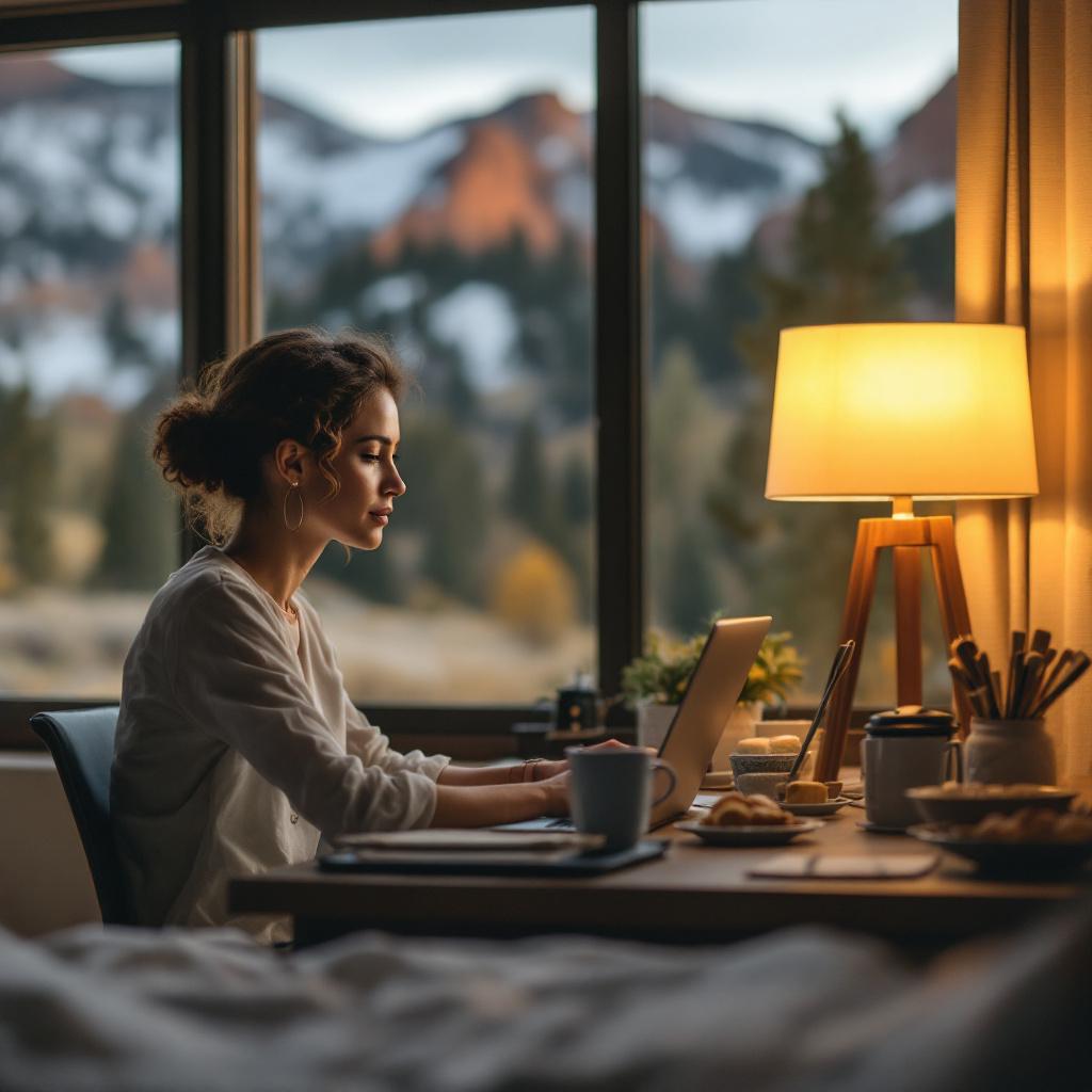 A woman is working on a laptop at a desk near a window with a mountain view.