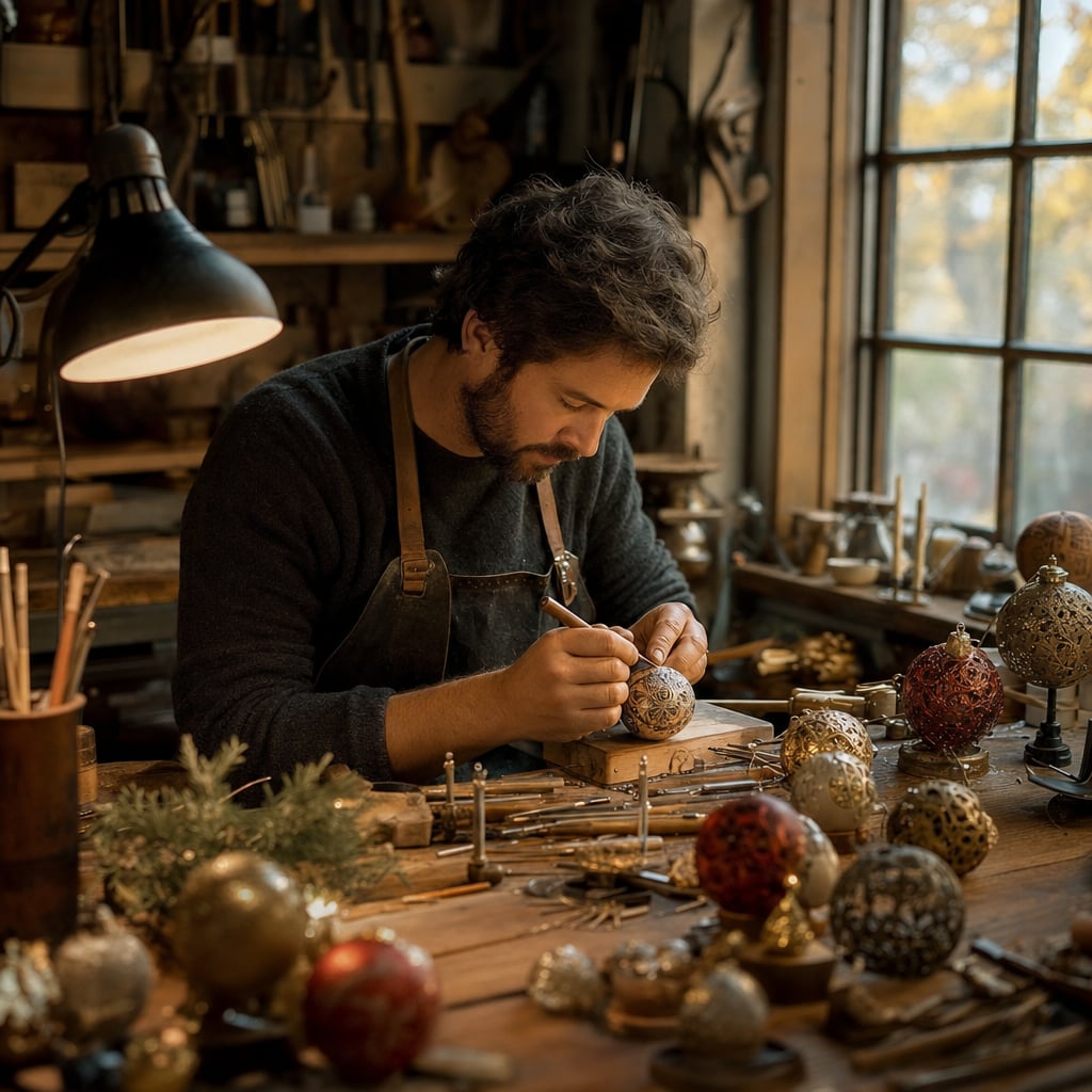 A craftsman is intricately decorating ornaments in a workshop filled with tools and materials.