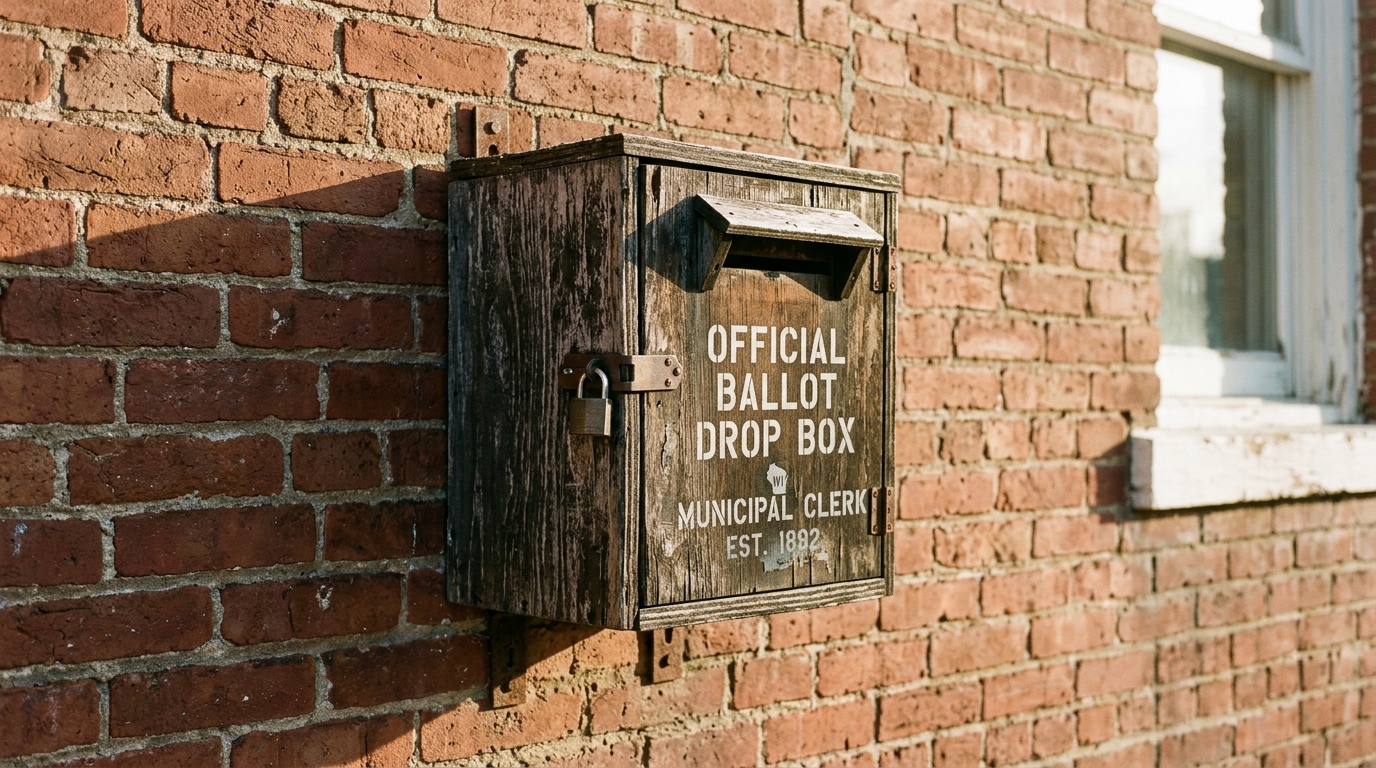 A wooden ballot drop box mounted on a brick wall.