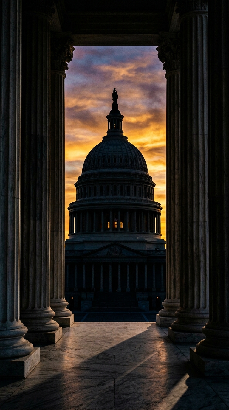 The image shows the silhouette of a dome structure framed by columns at sunset.