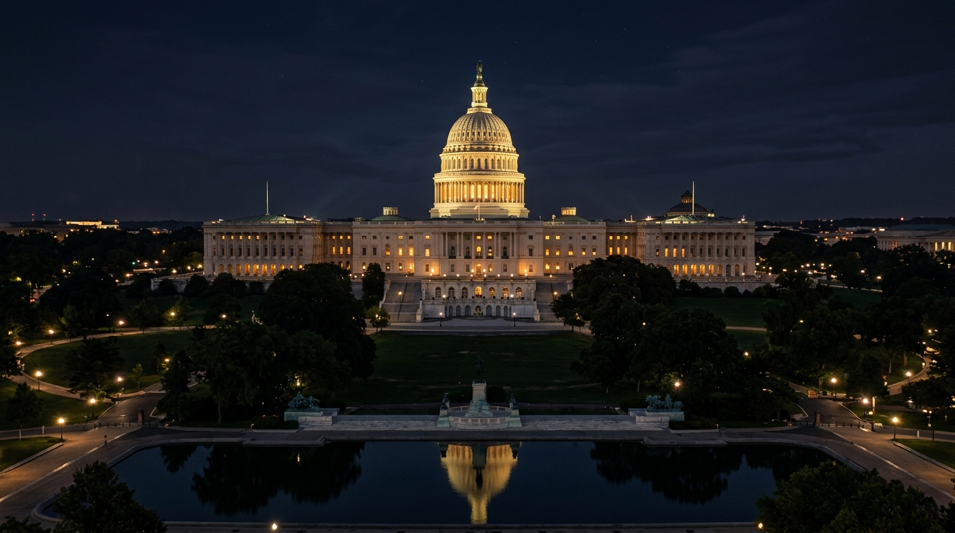 The United States Capitol building illuminated at night with a reflecting pool in the foreground.